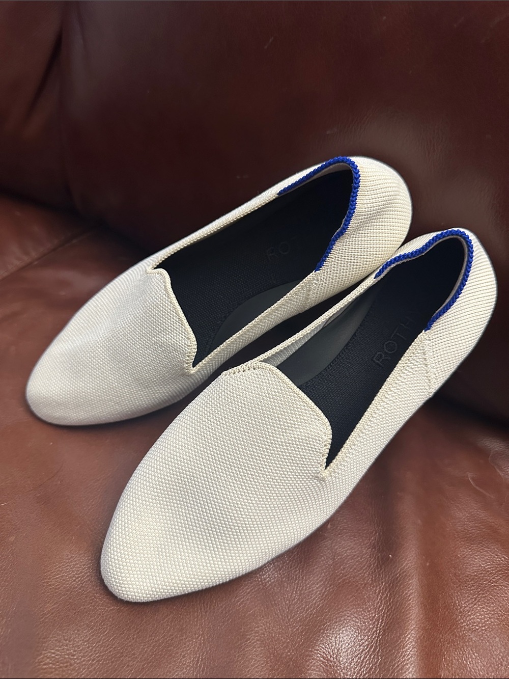 Rothy's Cream Slip-On Loafers with Blue Trim